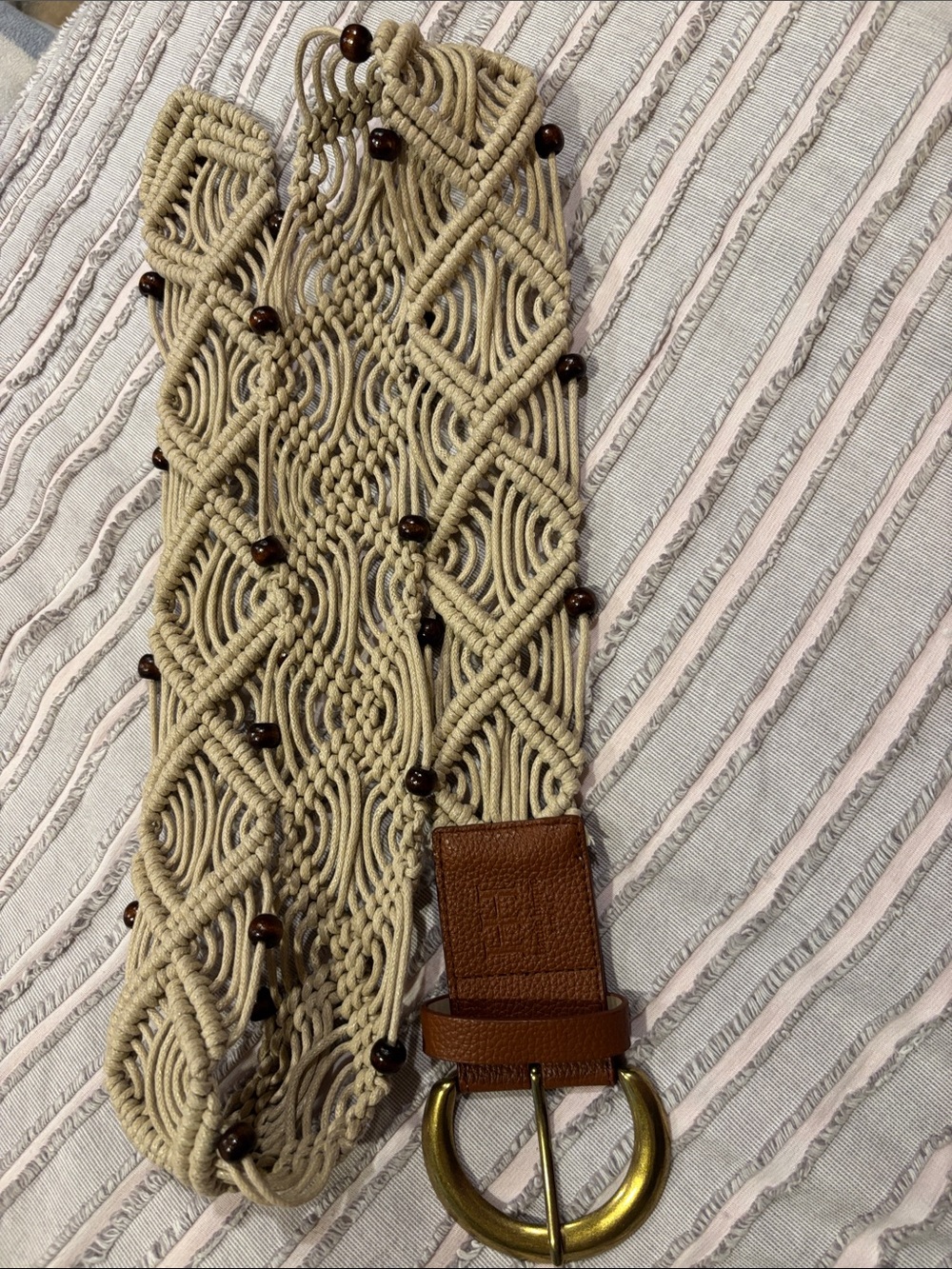Haute Hippie Beige Macramé Belt with Brown Leather and Gold Buckle